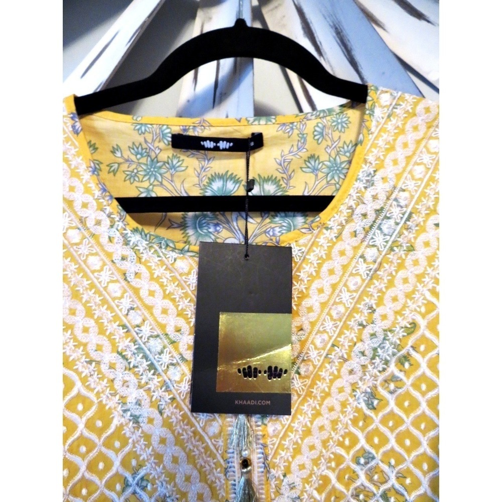 Khaadi NWT Yellow Embroidered Floral Kurta Tunic Sz 18 Tassel Neck Cotton Blend